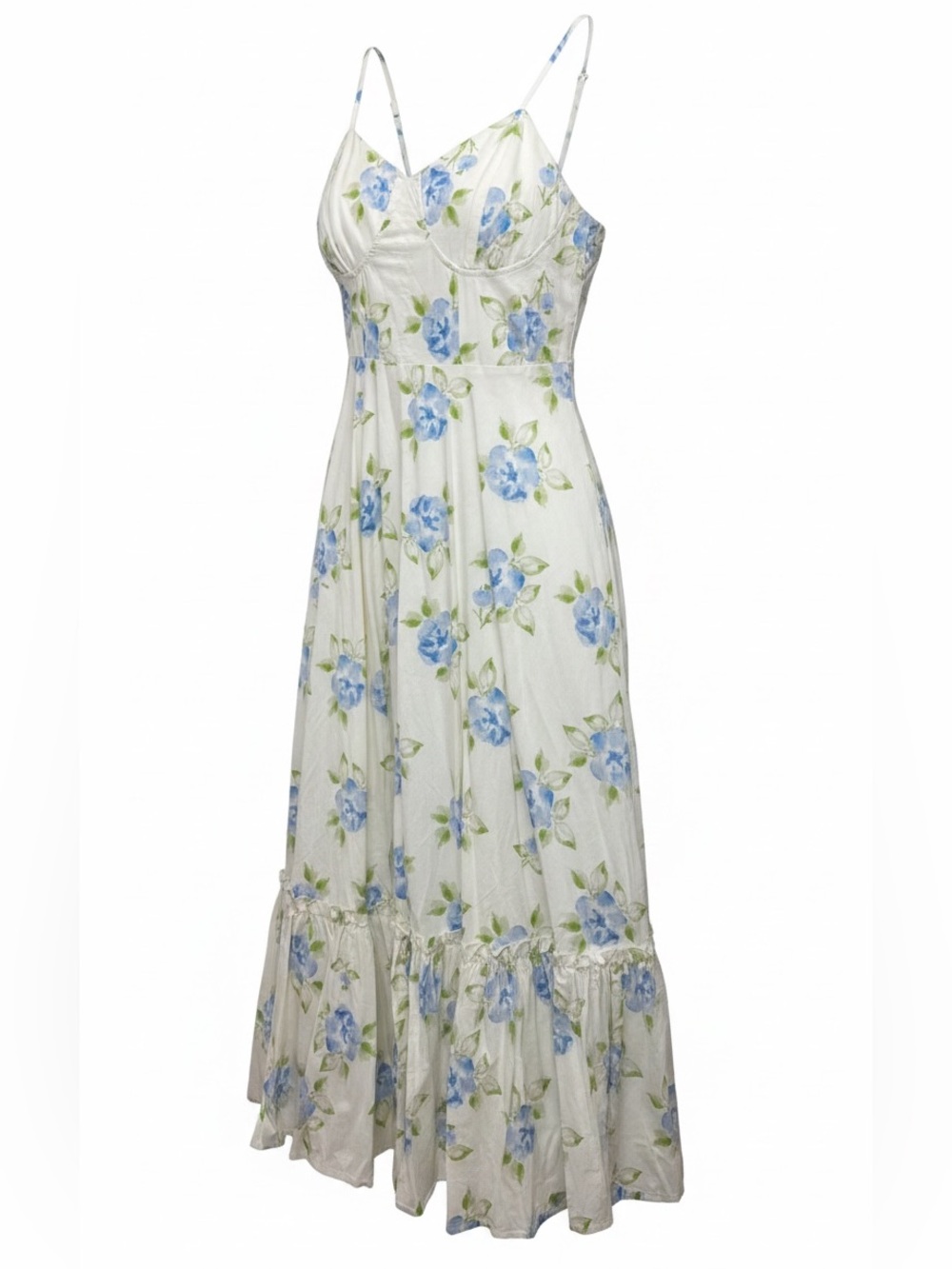 Blue Floral Spaghetti-Strap Maxi Dress in White